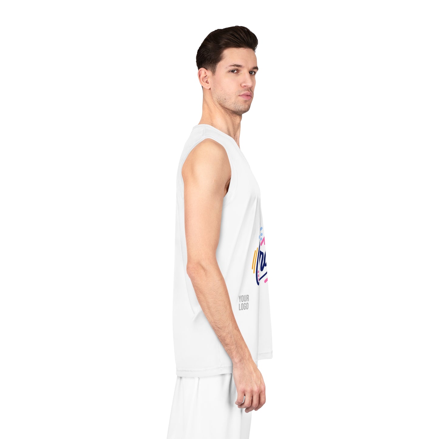 Man wearing a white sleeveless shirt with a logo on a white background