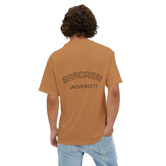 Person wearing a brown t-shirt with 'SARCASM UNIVERSITY' text on the back, standing against a white background.