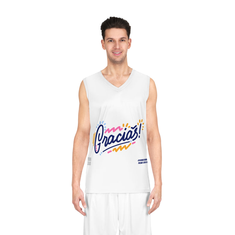 Person wearing a white sleeveless shirt with colorful text on a white background