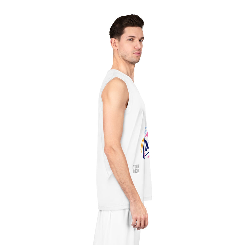 Man wearing a white sleeveless shirt with a logo on a white background