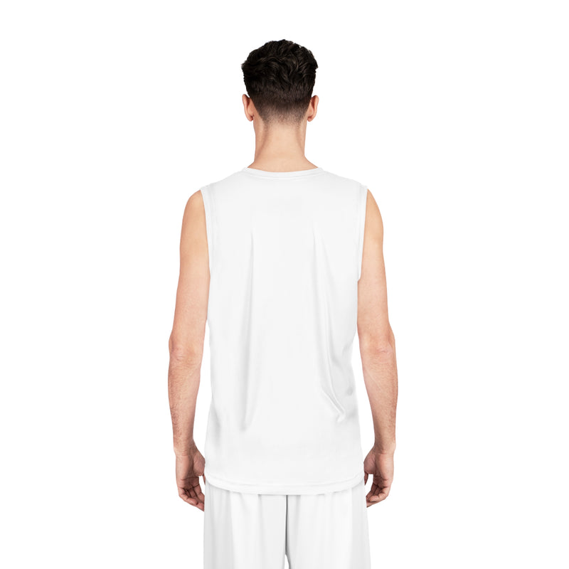 Person wearing a plain white sleeveless shirt and pants on a white background