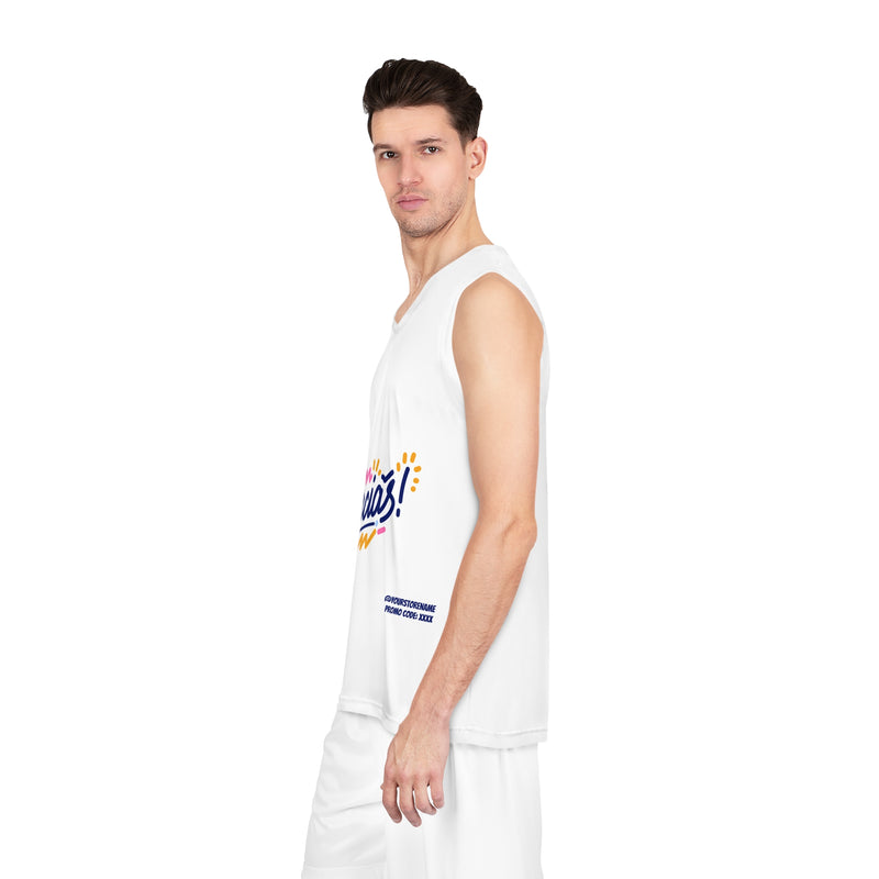 Man wearing a white sleeveless shirt with colorful text on a white background