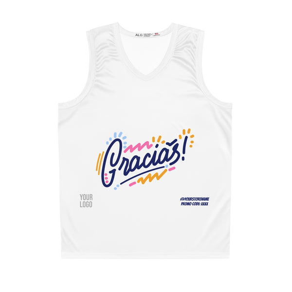 White tank top with colorful 'Gracias!' design on a white background