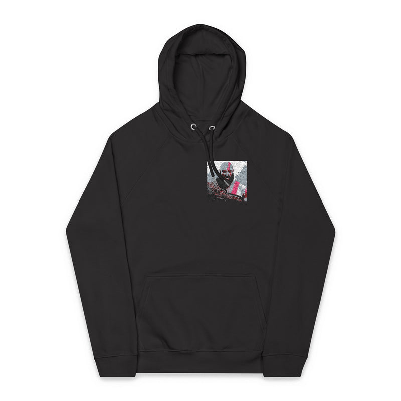 Black hoodie with a small graphic on the chest against a white background