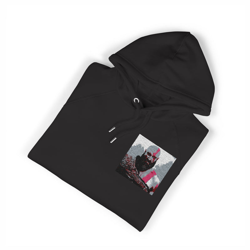 Black hoodie with a graphic design on a white background