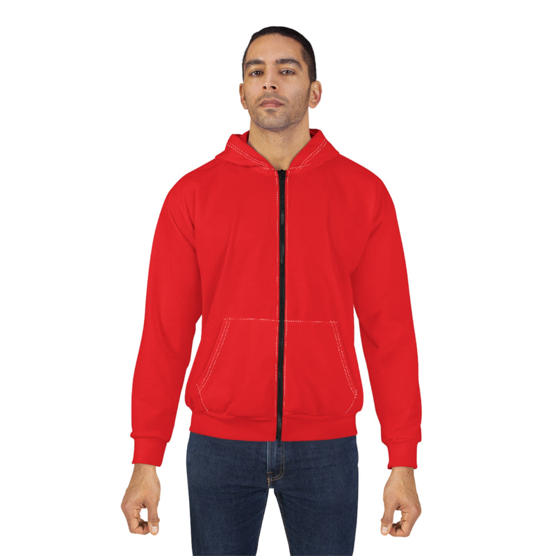 Man wearing a red hoodie with a black zipper on a white background