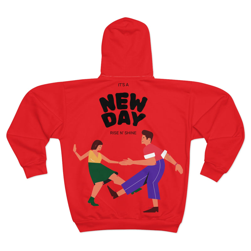 Red hoodie with a graphic design on the back featuring two people dancing and the text 'It's a New Day'.