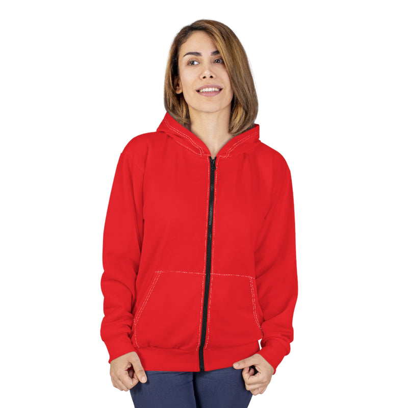 Woman wearing a red hoodie on a white background