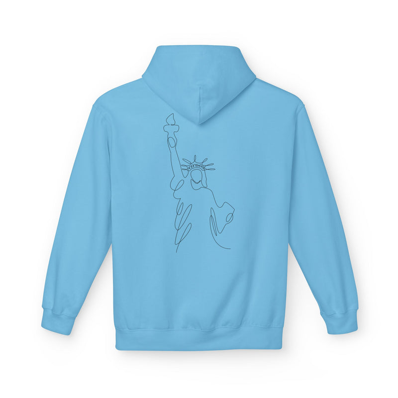 Light blue hoodie with a graphic of the Statue of Liberty on the back against a white background