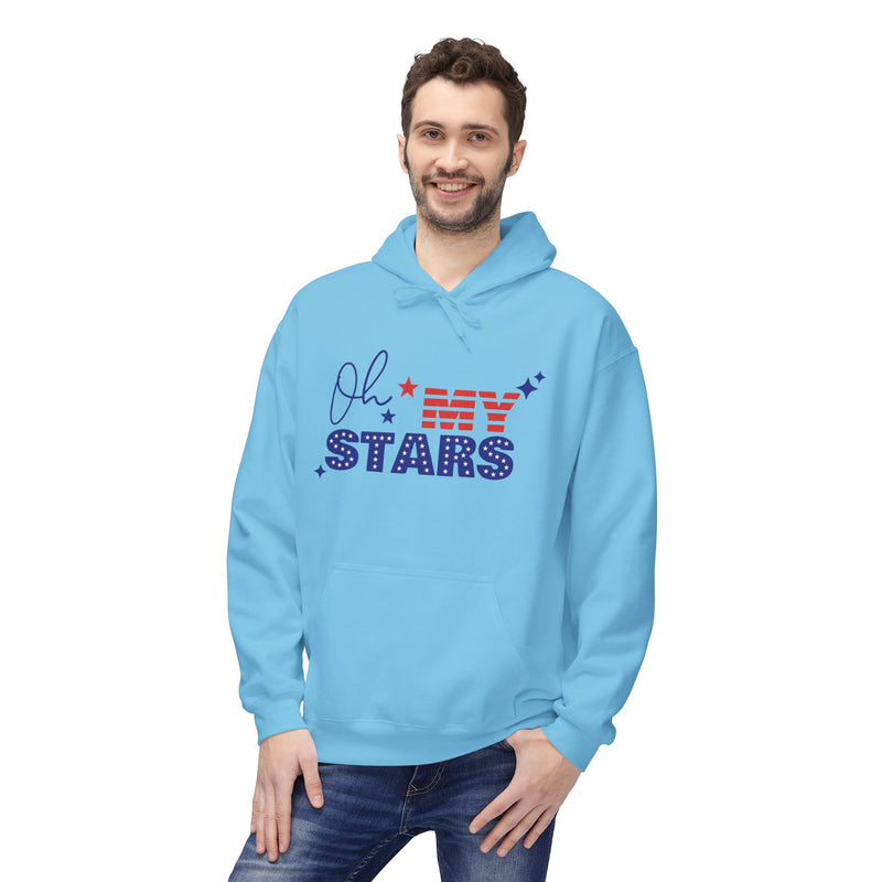 Man wearing a light blue hoodie with 'Oh My Stars' text design on a white background