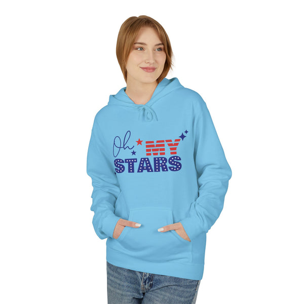 Person wearing a light blue hoodie with 'Oh My Stars' text design on a white background