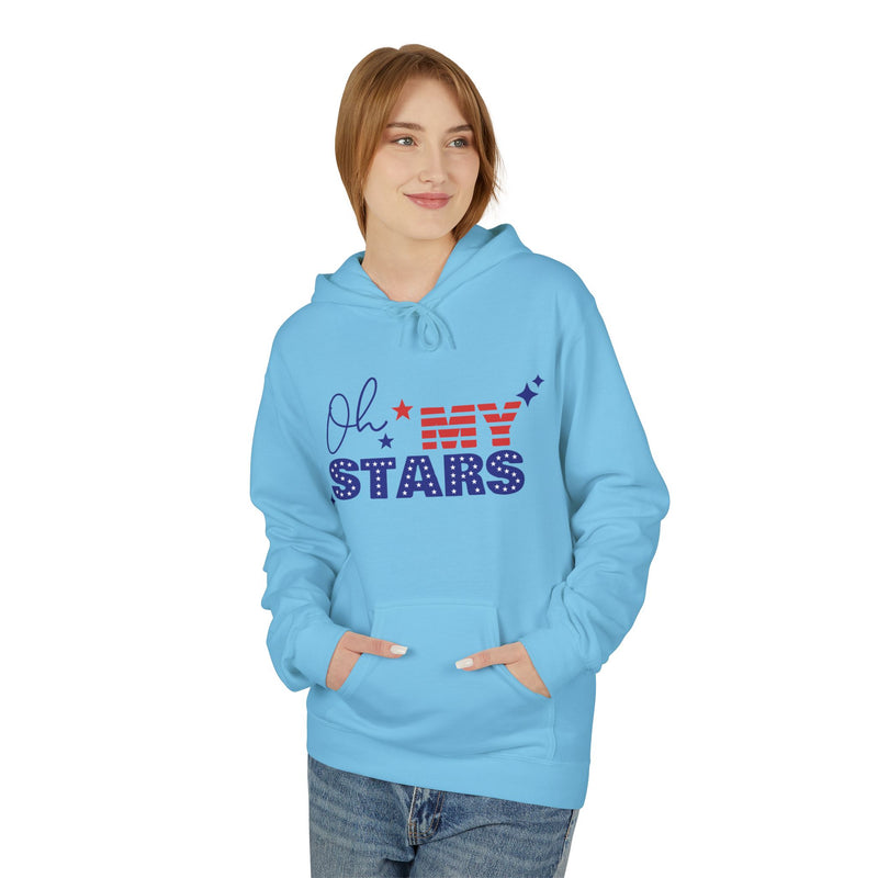 Person wearing a light blue hoodie with 'Oh My Stars' text design on a white background
