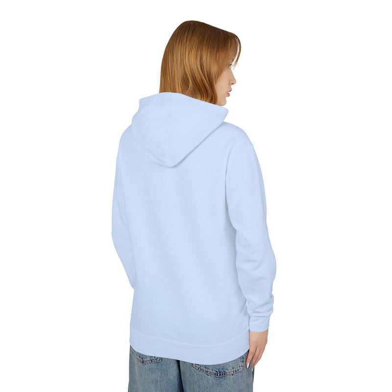 Person wearing a light blue hoodie on a white background