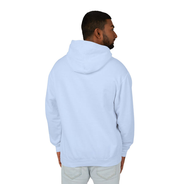 Man wearing a light blue hoodie on a white background