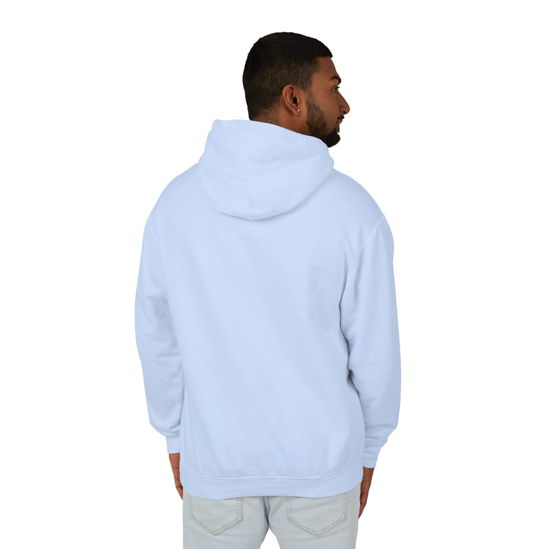 Man wearing a light blue hoodie on a white background