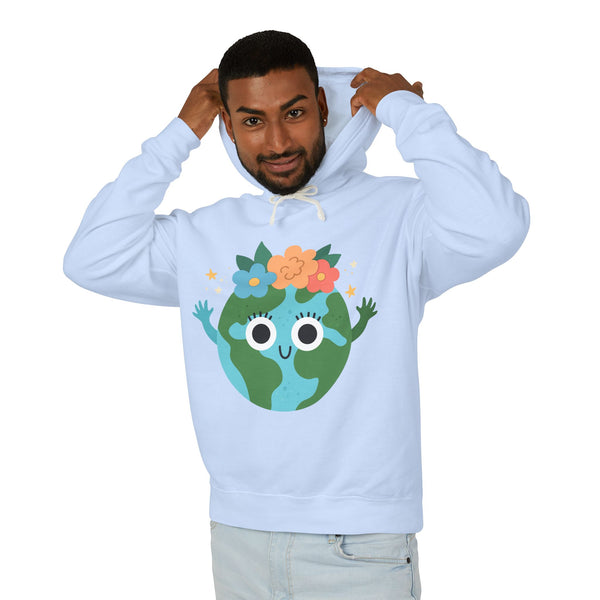 Person wearing a light blue hoodie with a cartoon Earth design on a white background