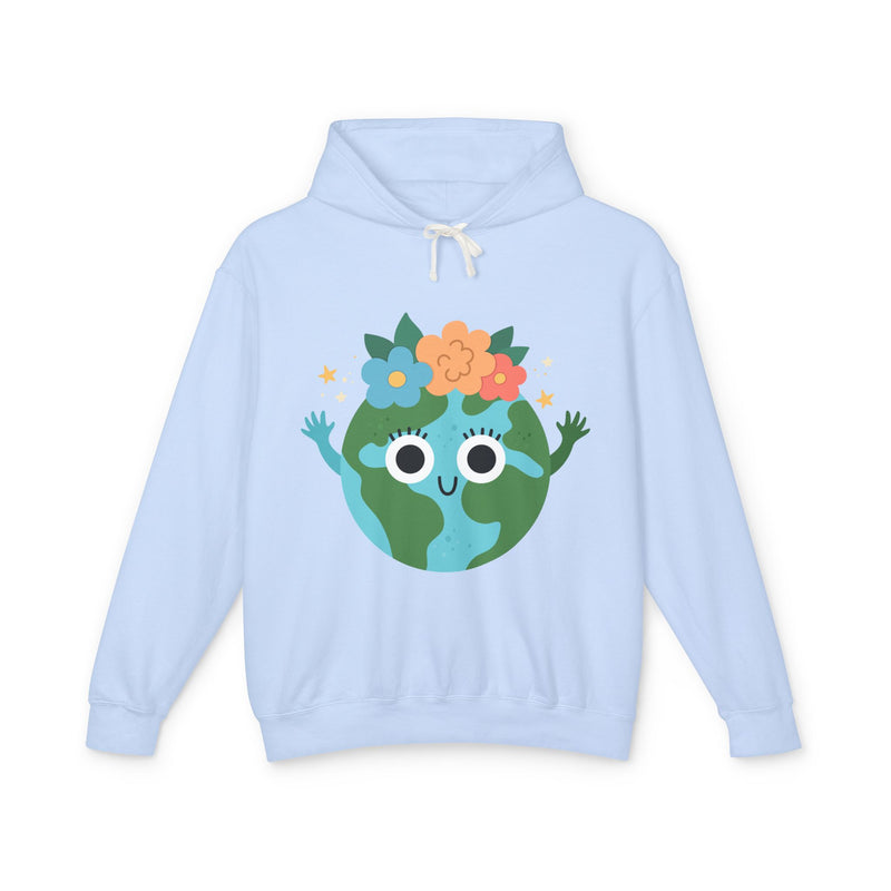 Light blue hoodie with a cartoon Earth design on a white background