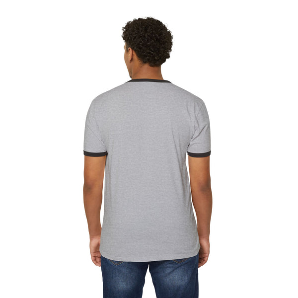 Person wearing a gray t-shirt with black trim on a white background