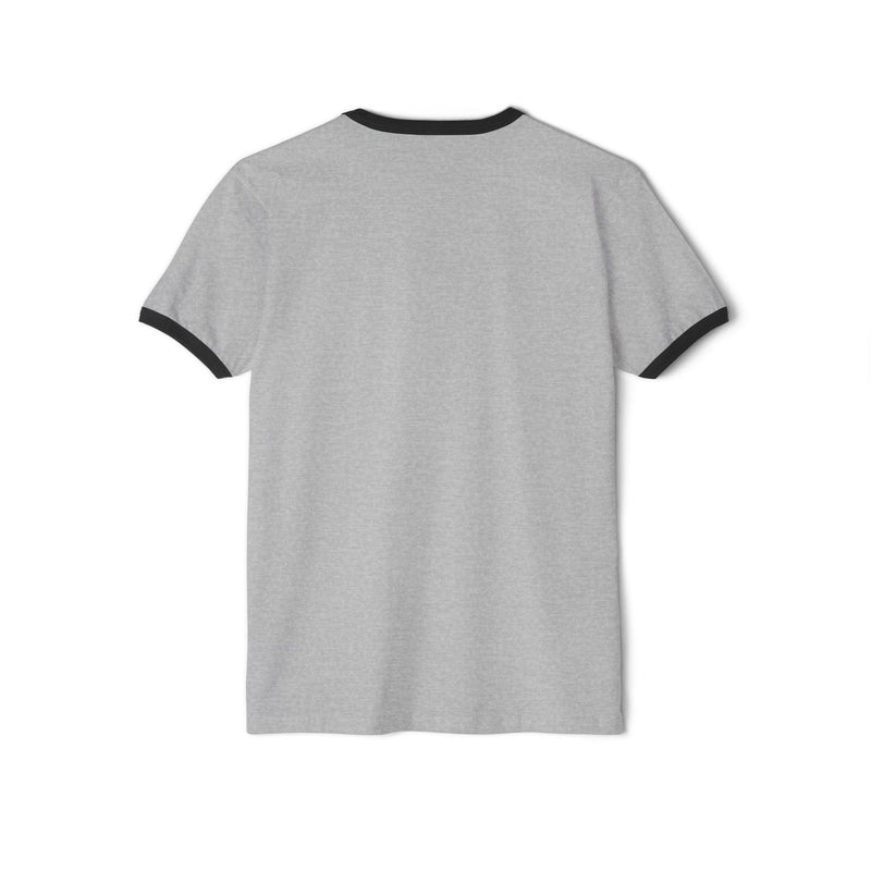 Gray t-shirt with black trim on a white background