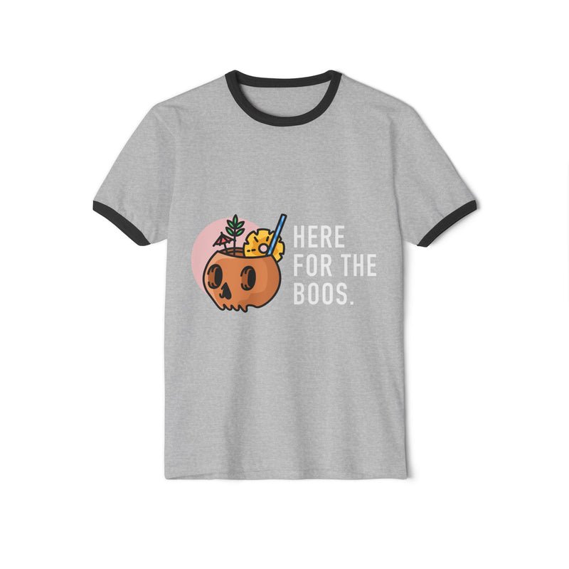 Gray ringer t-shirt with Halloween-themed design and text on a white background