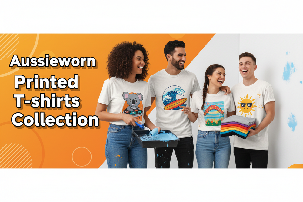 horizontal banner, **750 width, 1100 height,** vibrant orange background with subtle geometric patterns and circles, a group of diverse young adults (two women, two men) cheerfully interacting while wearing stylish, custom-printed t-shirts, one couple is painting a wall with rollers and a paint tray, another couple is standing together. The t-shirts feature unique, playful graphics. Bold, large white and black text "Aussieworn Printed T-shirts Collection" prominently displayed on the left. The overall mood 