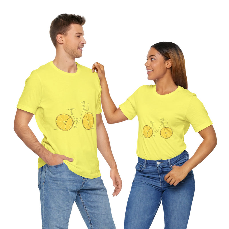 Two people wearing yellow t-shirts with a bicycle graphic on a white background