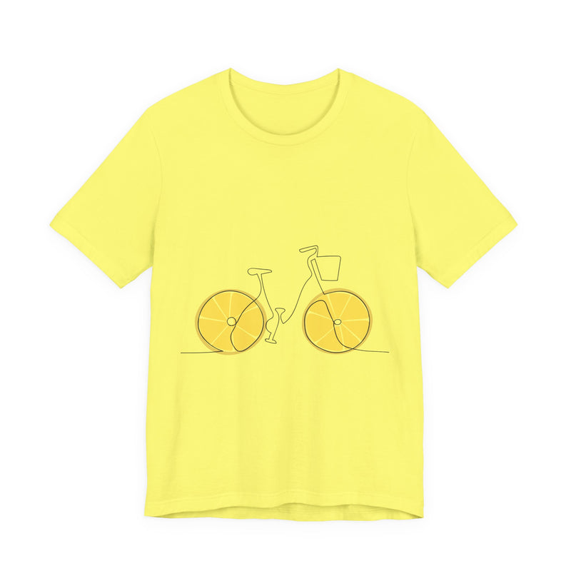 Yellow t-shirt with a bicycle design on a white background