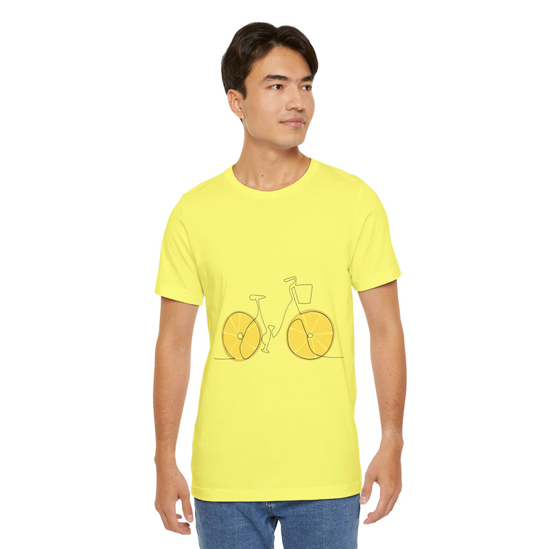 Man wearing a yellow t-shirt with a bicycle graphic on a white background