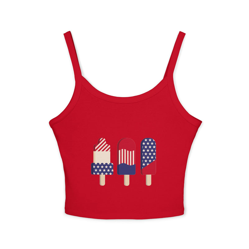 Red tank top with popsicle design featuring American flag colors on a white background