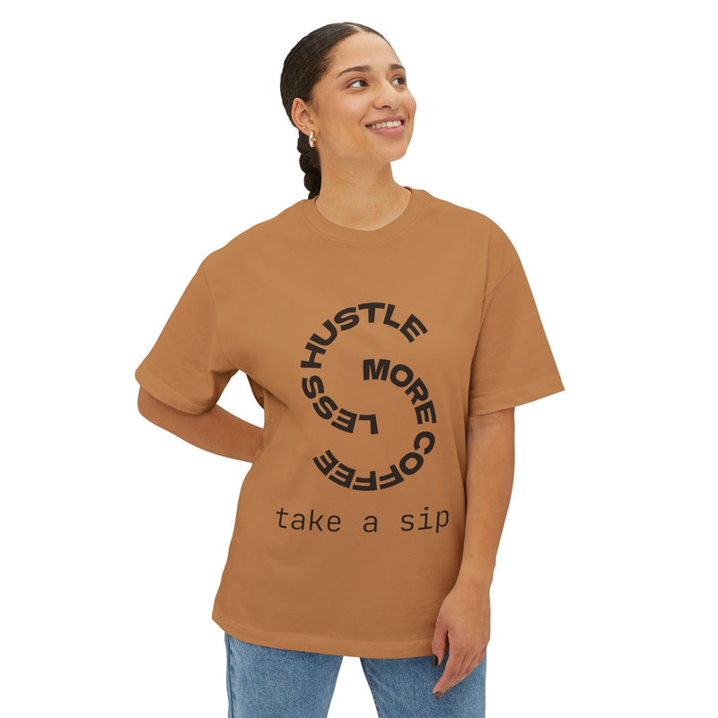 Woman wearing a brown t-shirt with text on a white background