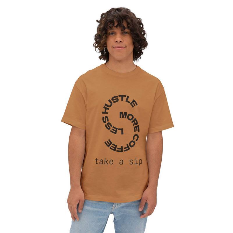 Person wearing a brown t-shirt with text on a white background