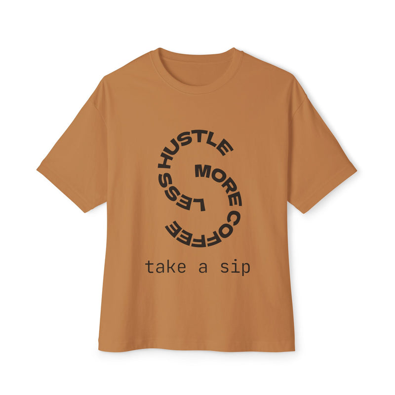 Brown t-shirt with black text on a white background
