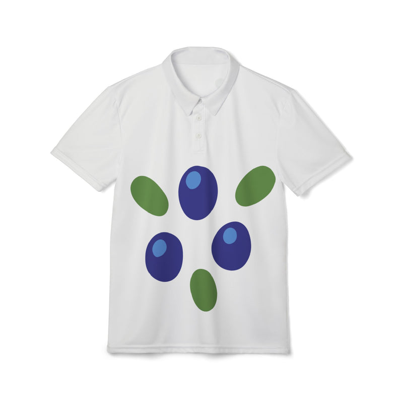 White polo shirt with blue and green abstract design on a white background